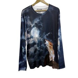 Get A Life Size 2XL Wolf Howling At Moon Long Sleeve Shirt Retro Grunge Artsy